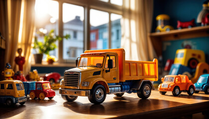 Bright sunlight fills the playroom as a yellow toy truck sits on a wooden table surrounded by various toy cars. The room has colorful walls and playful decorations.