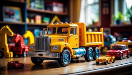 Bright sunlight fills the playroom as a yellow toy truck sits on a wooden table surrounded by various toy cars. The room has colorful walls and playful decorations.