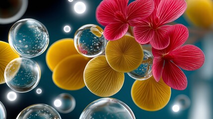 3d render of a pink flower, yellow mushrooms and glass bubbles with particles floating on a dark background creating a beautiful abstract composition