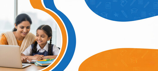 Smiling Indian Woman and Child Learning Together Online