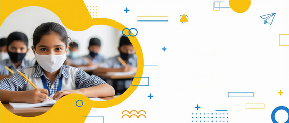 Masked Schoolgirl Learning in Classroom with Modern Design Elements