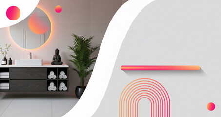 Stylish bathroom vanity with vibrant geometric elements and serene decor