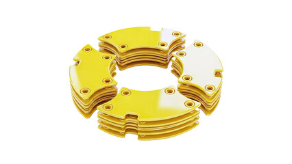 Stacked yellow curved segments with holes arranged in a circle