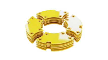 Stacked yellow curved segments with holes arranged in a circle