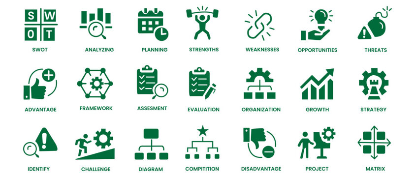 SWOT analysis icon set. Containing strengths, weaknesses, opportunities, threats, advantage, assessment, framework, strategy, planning, project and more. Solid vector icons collection.