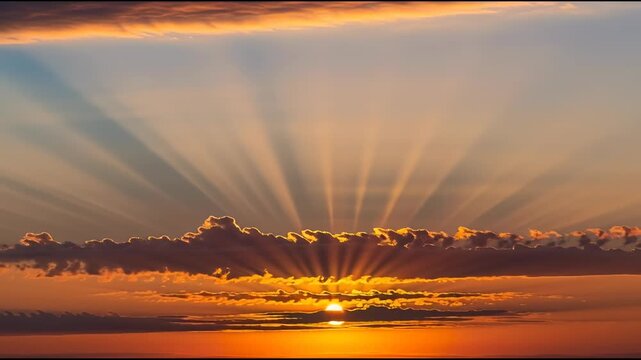 Dramatic sunset sky with golden sunlight shining through clouds