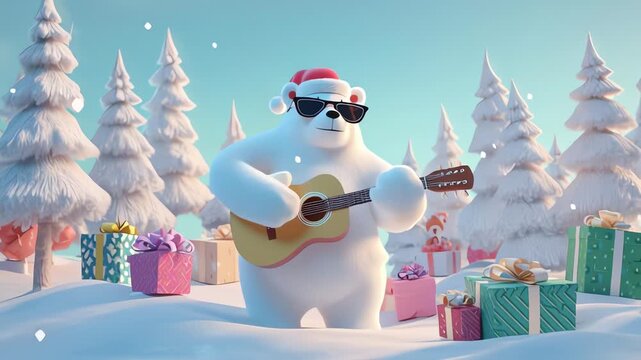 A happy polar bear in a Santa hat and cool sunglasses strums a ukulele joyfully, surrounded by colorful Christmas presents in a snowy winter scene.