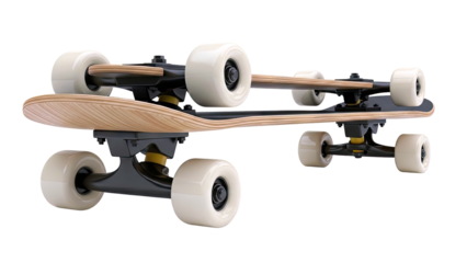 Two skateboards with wooden decks and light-colored wheels against a white background