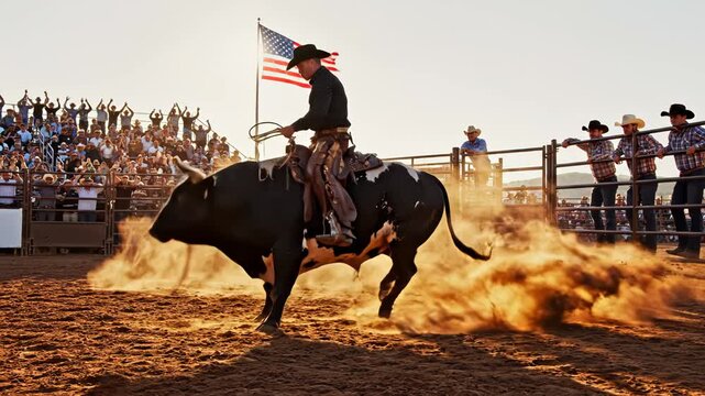 Cowboy riding bull at rodeo event
