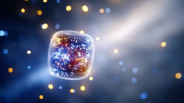 Abstract Digital Cube: A captivating digital cube illuminated by a mesmerizing display of intricate light patterns and floating particles, evoking a sense of technological marvel and innovation.