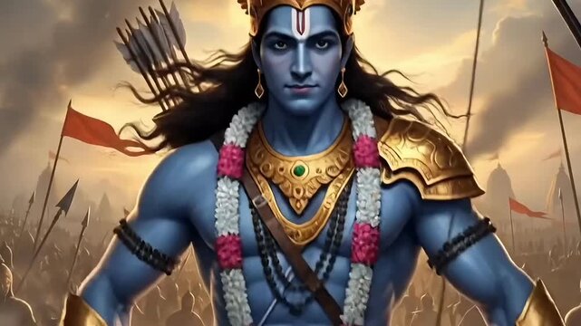 Ram Navami celebration animation featuring Lord Rama with bow inspired by Ramayana devotion Hindu spiritual culture motion graphic festival footage