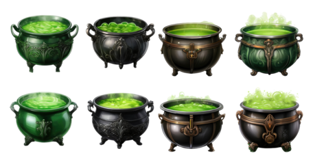 Variety of Enchanted Cauldrons with Green Potion and Mystical Effects, PNG bundle collection, Isolated on Transparent Background
