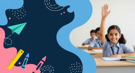 Smiling Schoolgirl Raises Hand in Classroom with Creative Backdrop