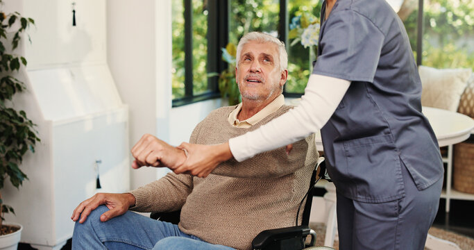 Wheelchair, smile and nurse with old man in home for support, healthcare advice and hip fracture. Elderly care, medical assistance and multiple sclerosis with senior person with a disability in house