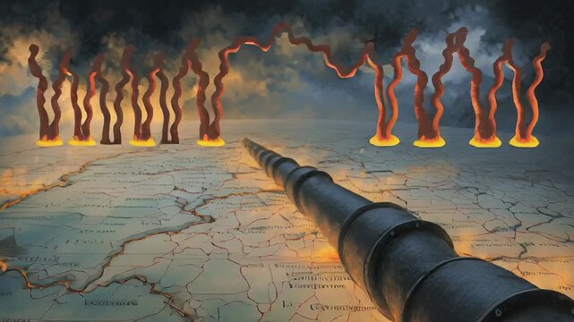 A cinematic oil-themed world conflict illustration, massive oil pipelines crossing a fractured globe, black gold flowing like lifeblood, military silhouettes and economic graphs