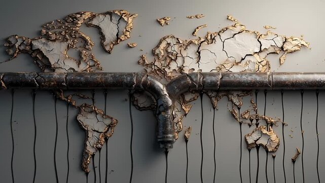 A dramatic editorial illustration of global political tension driven by oil resources, abstract world map made of cracked earth and flowing black oil, symbolic pipelines crossing borders