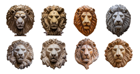Detailed Collection of Lion Head Sculptures in Various Materials, isolated on transparent background