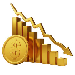 Gold coin and declining bar graph isolated on transparent background