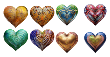 Colorful Heart Shapes with Intricate Designs and Textures, Bundle Set Collection, Isolated on Transparent Background