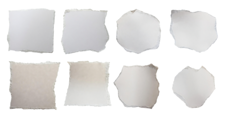 Eight Unique Torn Paper Pieces in Various Shapes and Textures, Bundle Set Collection, Isolated on Transparent Background