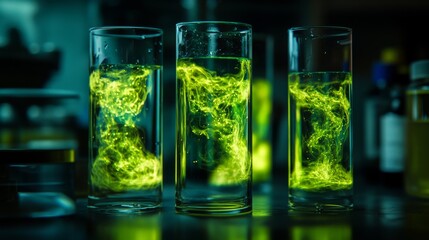 Three glasses filled with vibrant green liquid create a mesmerizing display. The swirling patterns evoke a sense of science and wonder. A striking visual invitation. Generative AI