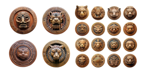 Ancient Decorative Medallions Featuring Animal Faces and Symbols