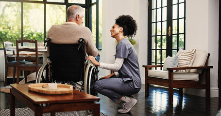 Wheelchair, advice and nurse with old man in home for support, healthcare and hip fracture. Elderly...