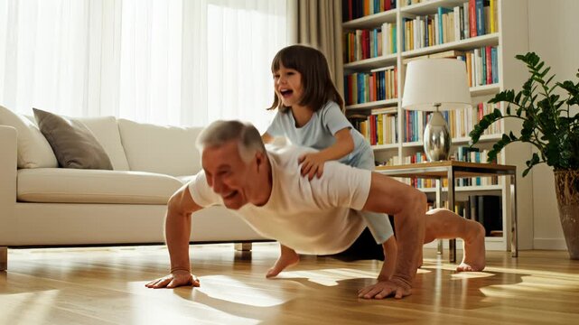Grandfather and granddaughter doing pushups