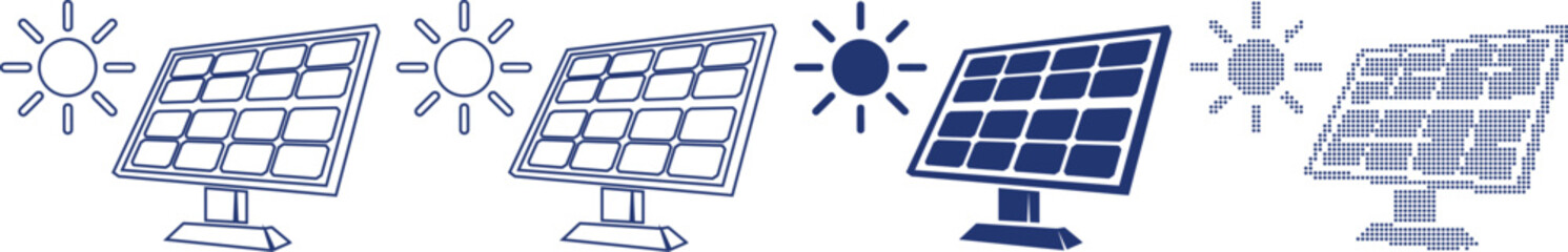 Renewable energy solar panel sun power flat icon set graphic vector illustration.