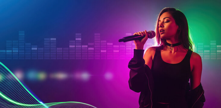 Energetic Female Vocalist Performing Live Under Vibrant Neon Lights - Powered by Adobe
