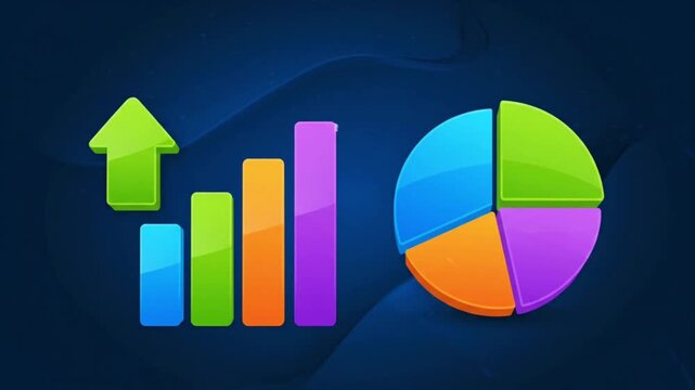 Animated data visualization of growing bar graph and pie chart with icons, business analytics and financial growth concept