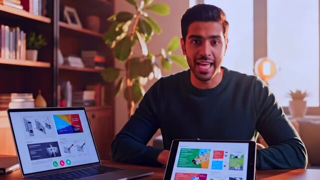 man at desk showing tablet laptop friendly presenter demonstrates colorful app interfaces on tablet and laptop in cozy home office with bookshelf, potted plant, warm lamp light expressive
