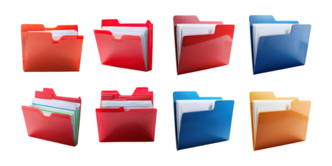 Colorful File Folders for Office Organization, PNG collection, set bundle, isolate on transparent or white background