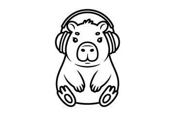 Obraz premium Cute capybara with headphones, outlined cartoon style, sitting peacefully with eyes closed, enjoying music or podcast, isolated on white background