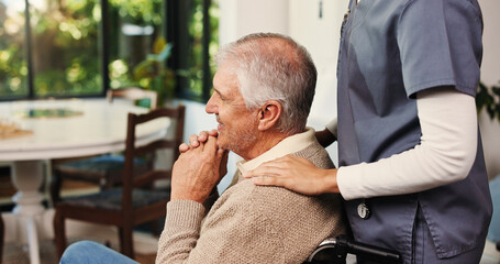 Support, caregiver and senior man with wheelchair in home, retirement help and elderly care for...