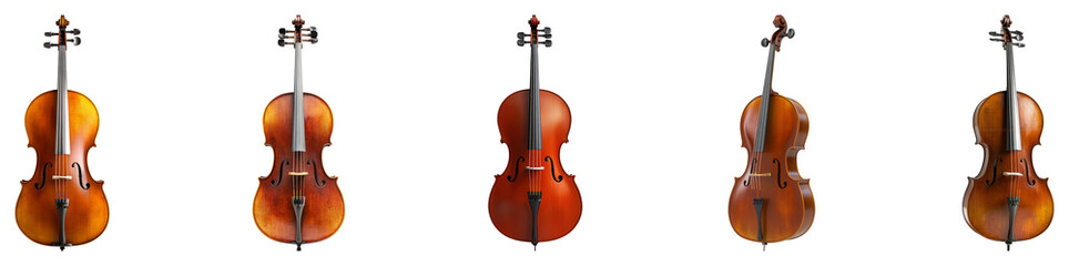 Different Styles of Violins Displayed in a Row Arrangement, PNG bundle collection, Isolated on Transparent Background