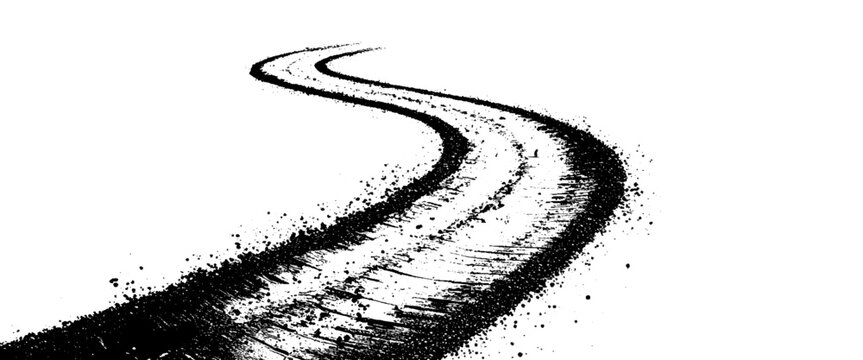 Vector white tire tracks and curved black tire tracks on road white background