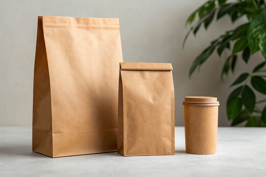food package bag cup coffee product slae marketing present template paper brown color mockup logo retail shopping store logo mockup take away recycling reusing advertisement eatery foil product food 