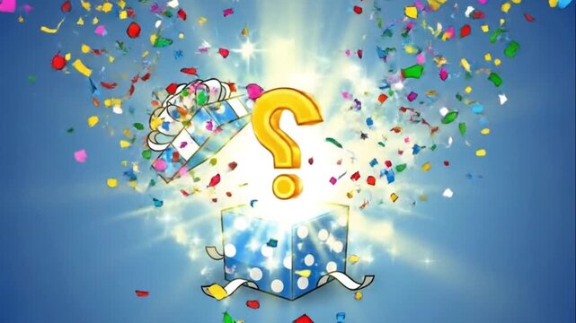 Animated Gift Box Opening Revealing Question Mark and Confetti Explosion