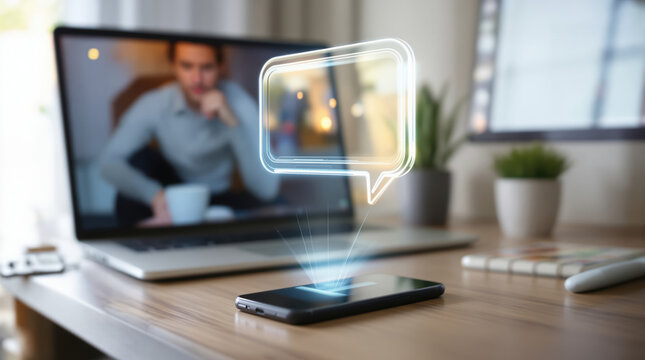 Smartphone hologram chat ai daily companion message technology virtual communication digital daily ai chat companion concept with glowing message hologram over smartphone desk near laptop