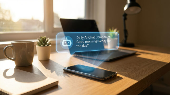 Daily ai chat companion message appears above smartphone on wooden desk near laptop in bright home office window light creating calm modern mood