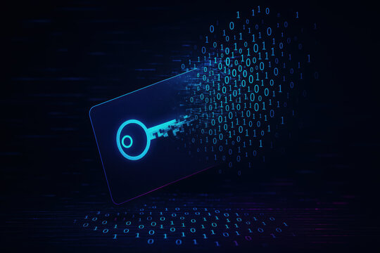 Digital key security privacy data flow rights protection concept with glowing lock symbol and binary code particle effect on dark background
