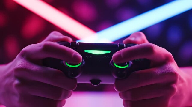 Hands holding a glowing gaming controller