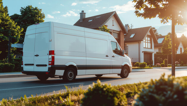Eco friendly delivery van suburb street tree sunlight house transport service vehicle road travel