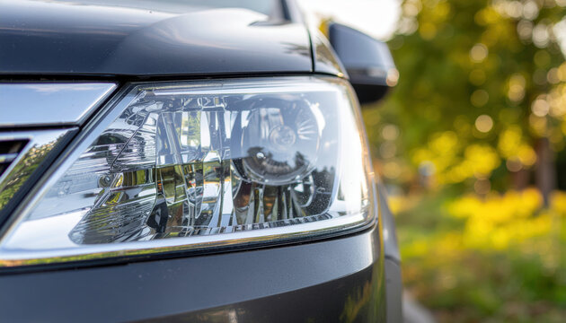 Eco friendly car headlight close detail, shiny chrome, modern gray vehicle, summer sunlight, green park, delivery concept mood