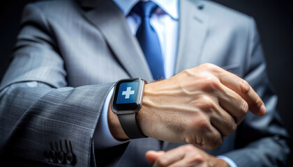 Smartwatch healthcare technology equity access wrist closeup business man suit hand time concept digital health modern device