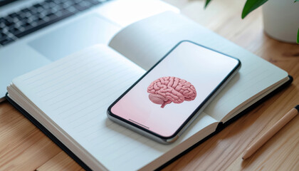 Mental health technology smartphone brain icon notebook desk productivity concept minimalist calm modern workspace innovation focus digital wellness app pink screen