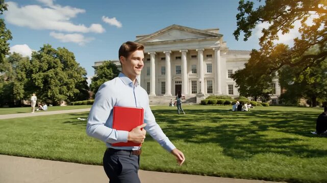Student walking on campus with red folder