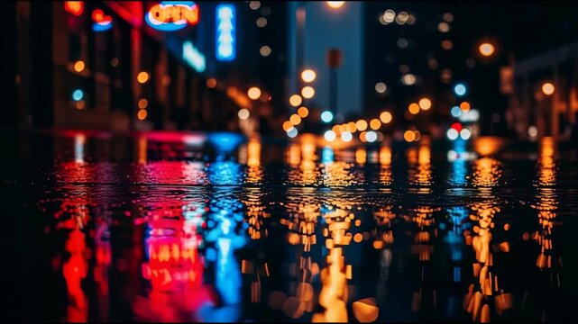 City street reflecting colorful neon lights and blurred background at night