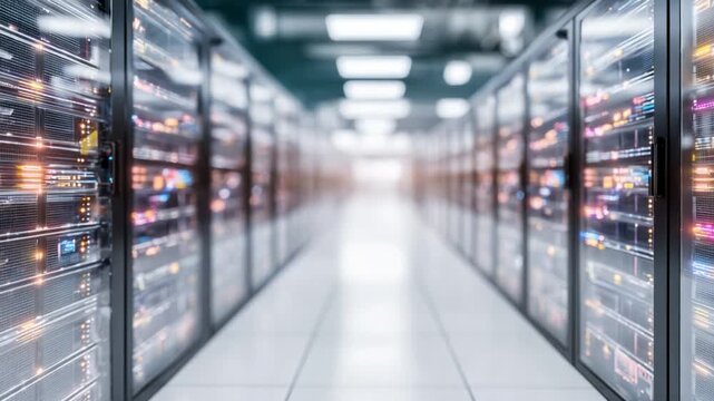 Data Center Corridor: A long corridor of server racks in a modern data center, rows of technology infrastructure, and illuminated with neon lights, symbolizing the digital world. 